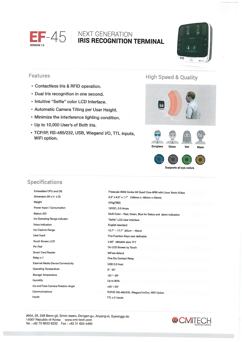 دستگاه حضور و غیاب اسکن عنبیه EF-45